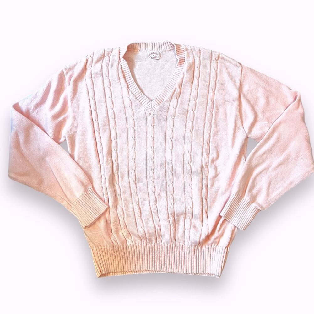 Brookes Brothers Pink Cable Knit Super Soft Combed Cotton V-Neck Sweater XL
